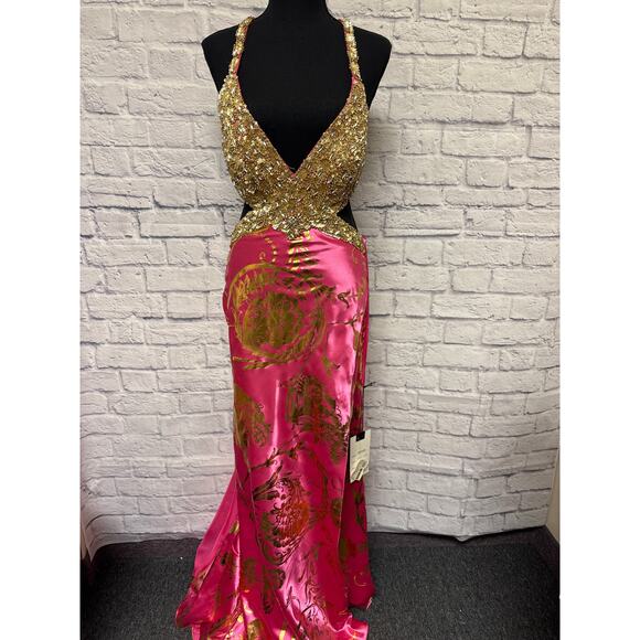 Mac Duggal Prom Hot Pink Gold Beaded Cut Out Open Back Formal Dress SZ 10 NWT - Picture 1 of 7